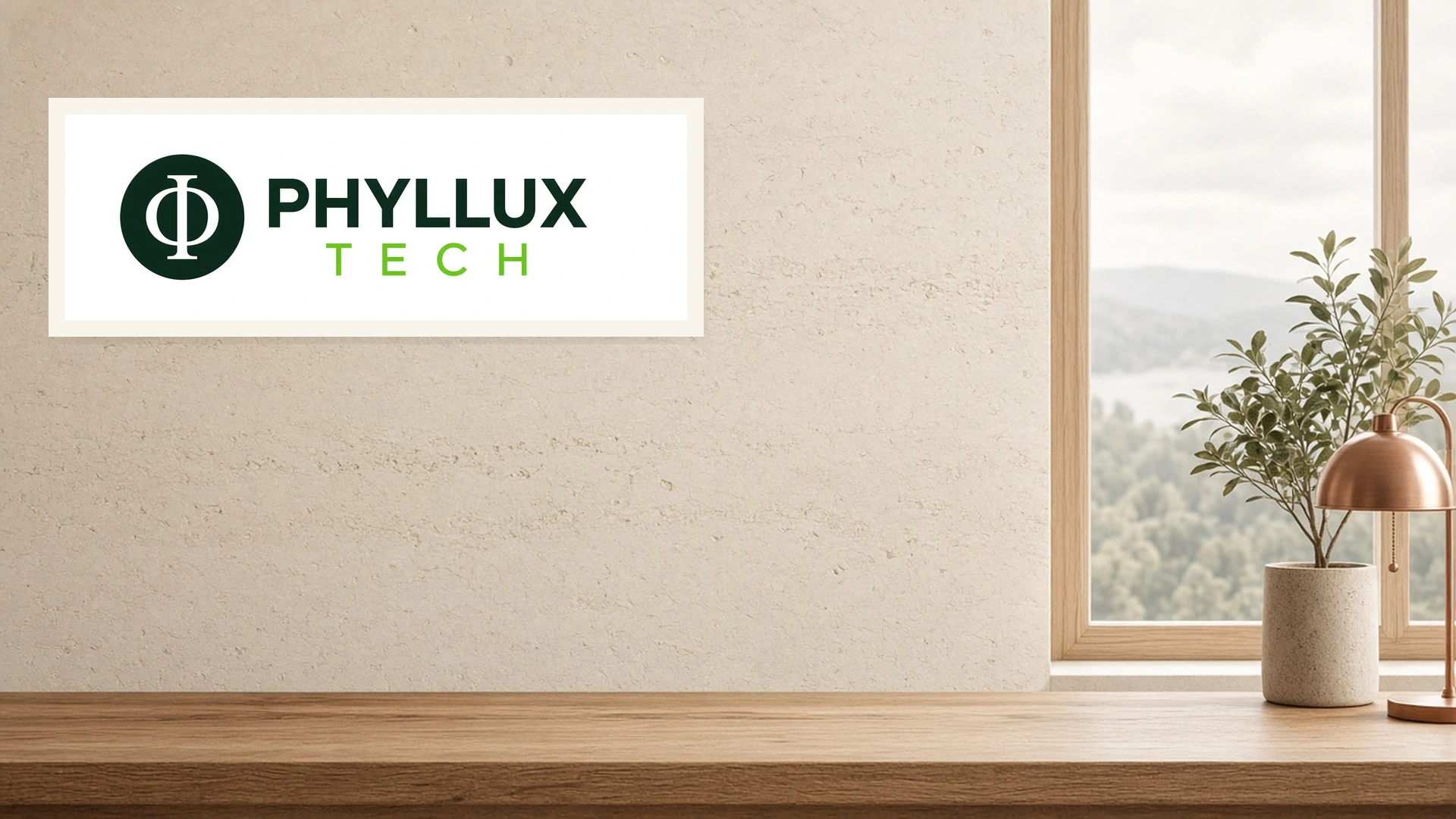 Phyllux Tech logo on a sunlit studio wall.